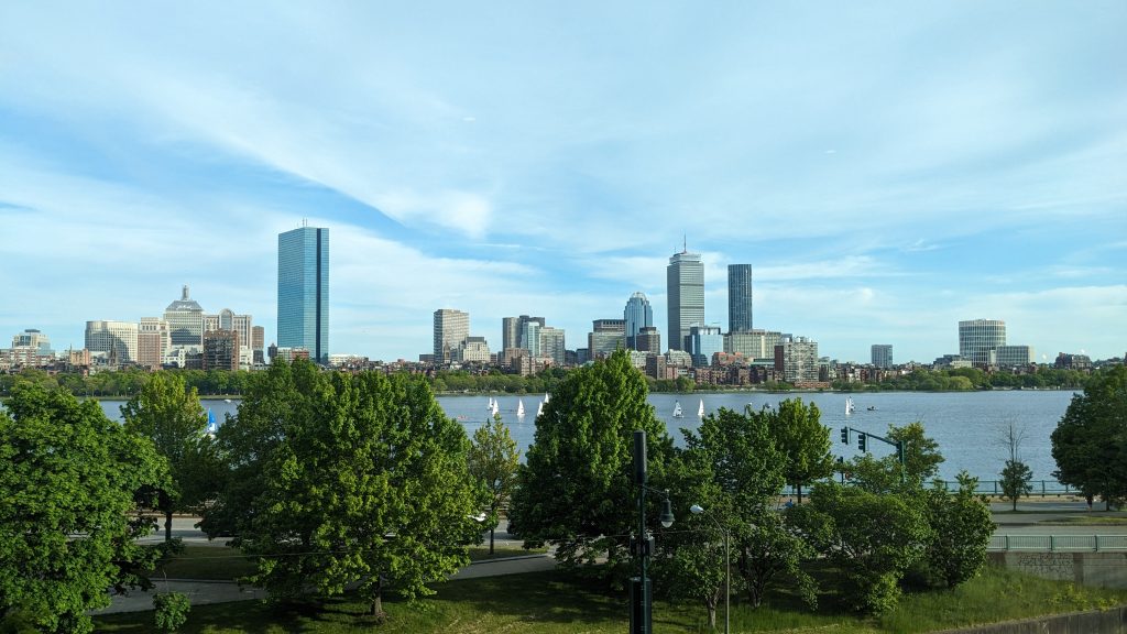 view of boston skyline from cambridge, massachusetts.