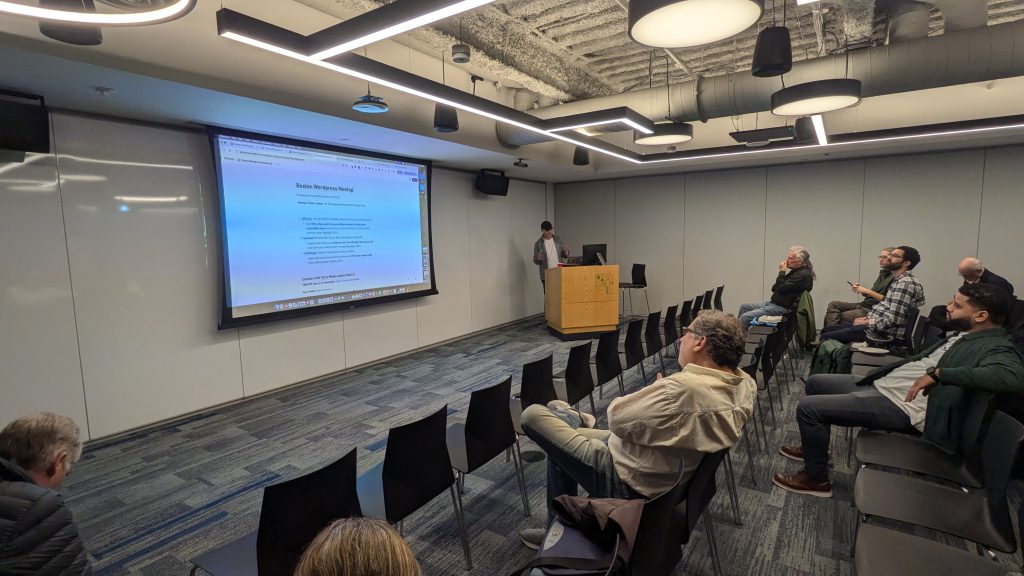 Matt Sullivan showcasing a slide from his talk at Boston WordPress Meetup.